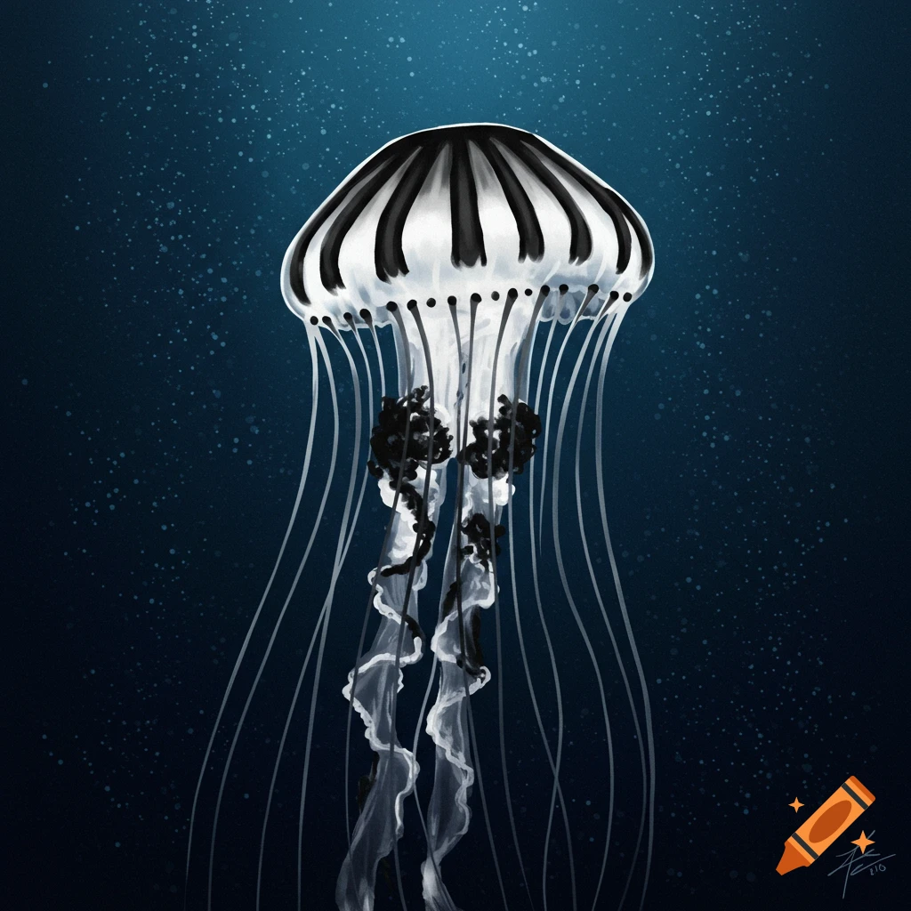 An illustration of a black and white striped jellyfish floating in dark blue water.