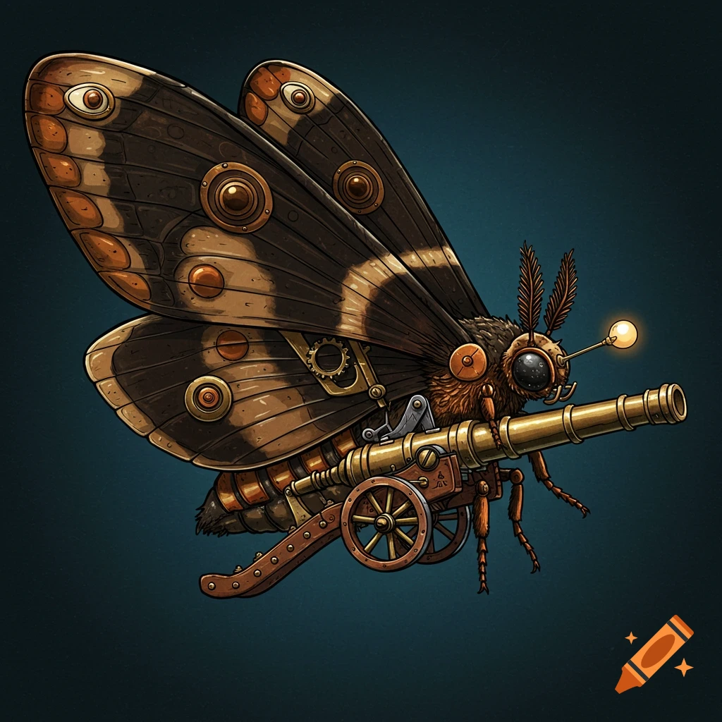 Steampunk moth carrying a large brass cannon.