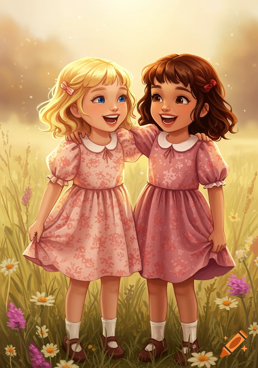 Two smiling girls in pink dresses embracing in a sunny field