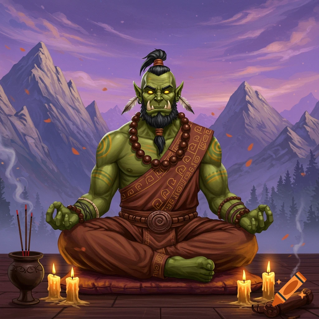 A green-skinned orc monk meditates cross-legged, wearing a brown robe and prayer beads, in a mountainous landscape at sunset.