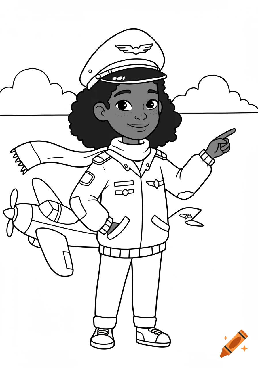 Black and white line drawing for coloring of a girl pilot standing next to an airplane.