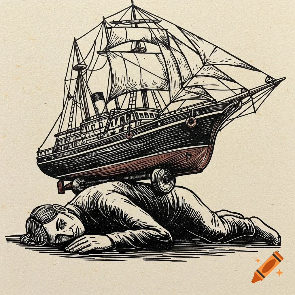 Woodcut illustration of a person lying prone with a large boat on their back.