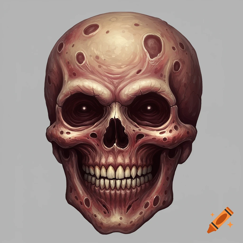 A close-up illustration of a stylized, fleshy skull with holes and a ...