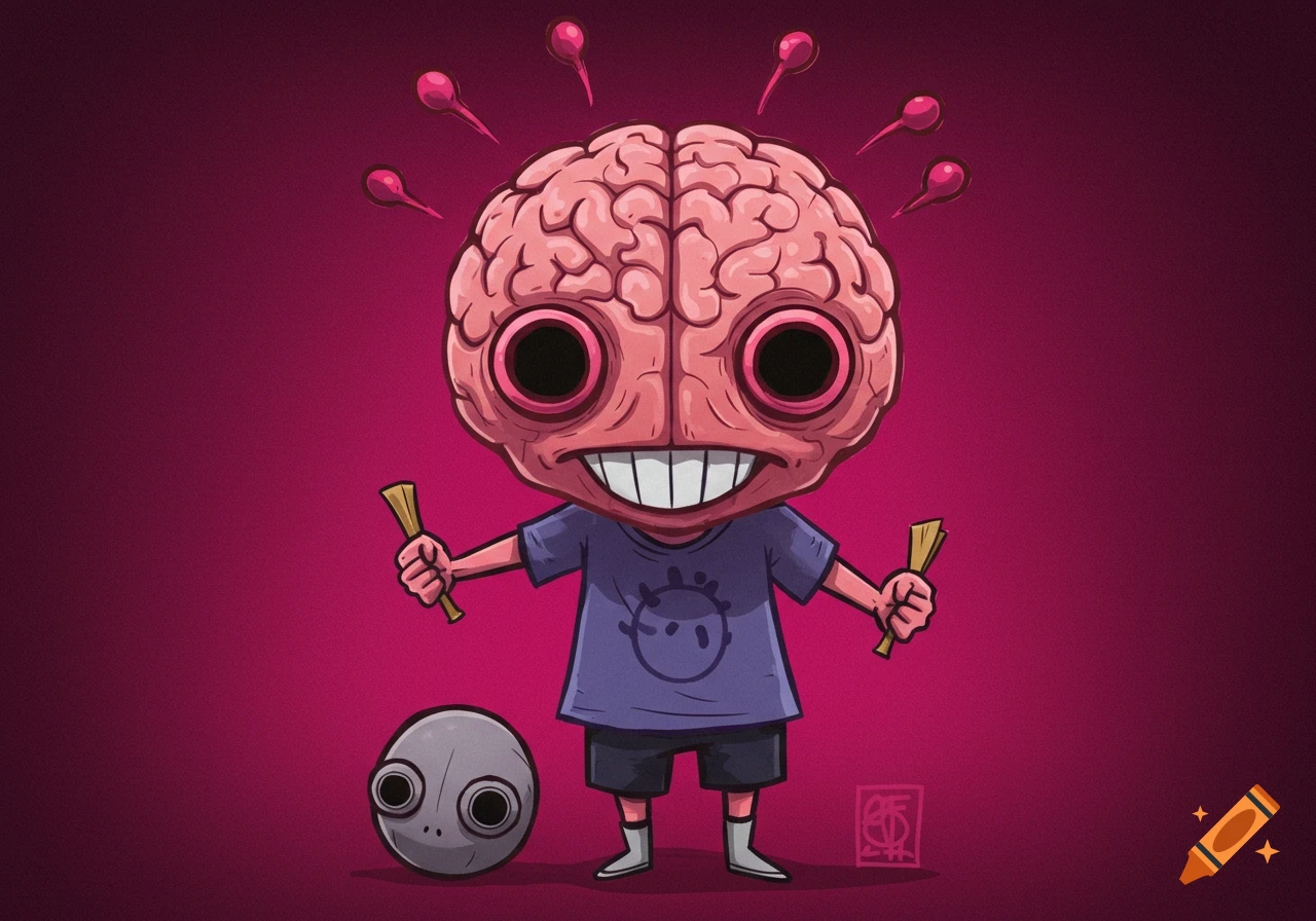 Cartoon character with large exposed brain, wide eyes, and wide smile on pink background.