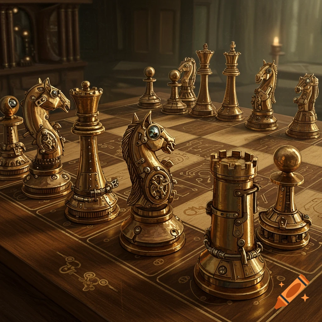 A steampunk themed chessboard with intricate brass pieces.