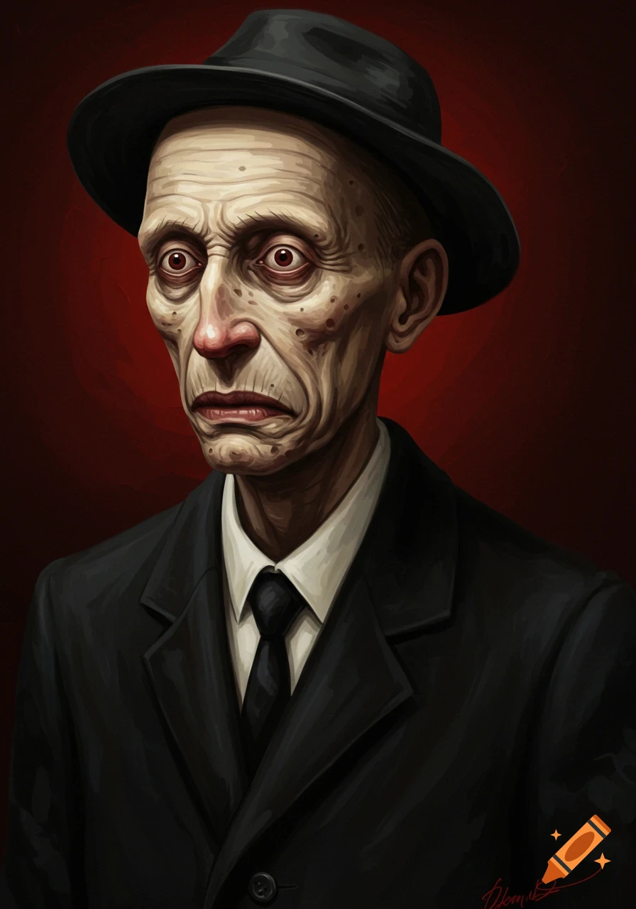 An expressionistic portrait painting of a creepy, gaunt man in a black suit and hat.