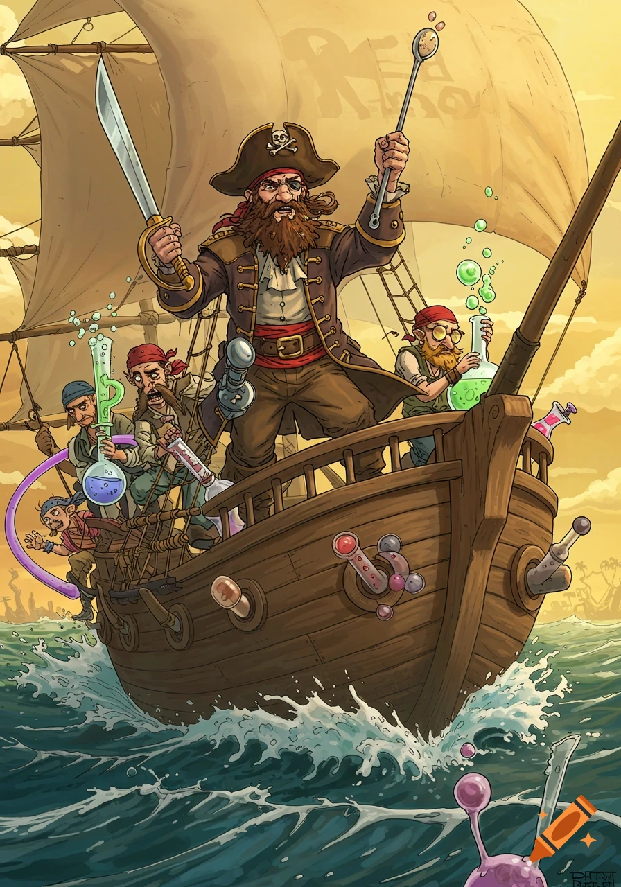 Cartoon illustration of chemistry pirates on a sailing ship, holding swords, beakers, and flasks.