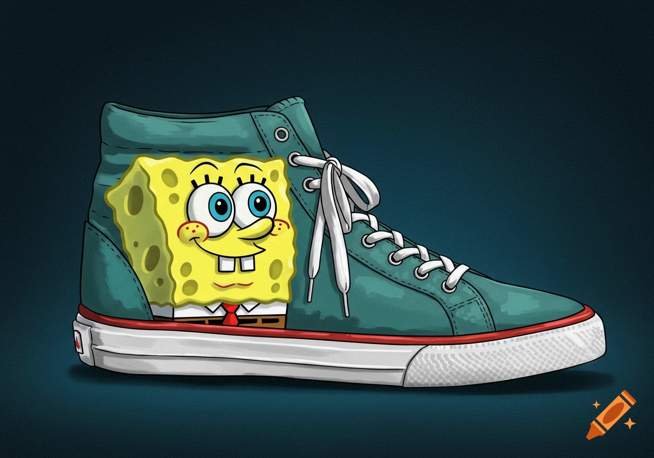 A teal high-top sneaker with Spongebob Squarepants depicted on the side in a cartoon style.