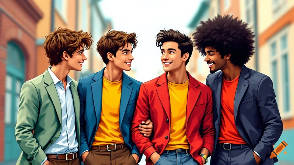 Four young men in blazers smiling, in anime style