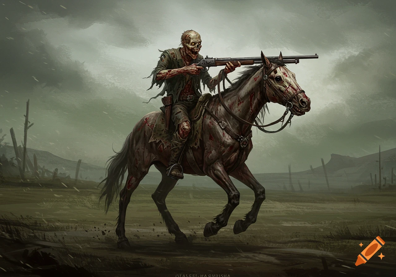 Illustration of a zombie riding a bloody horse across a desolate landscape, holding a rifle
