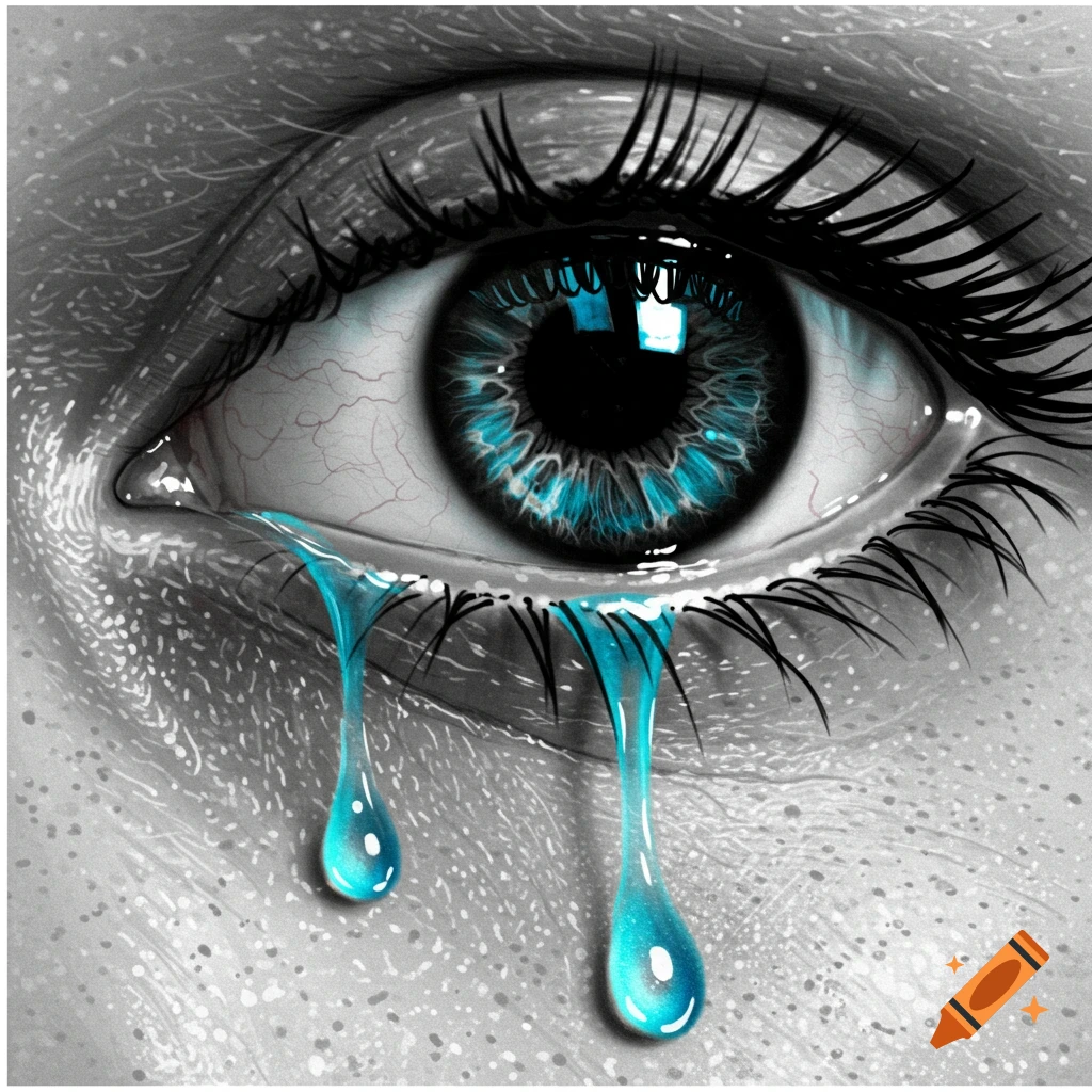 Close up of a stylized eye shedding bright blue tears