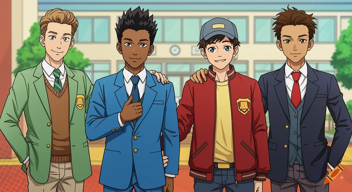 Four teenage boys in anime style school uniforms stand together smiling in front of a school building.
