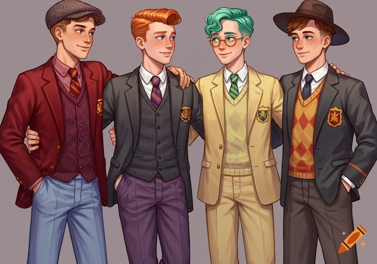 Illustration of four young men in preppy school uniforms standing together.