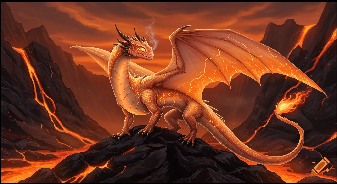 A fantasy dragon with glowing orange scales stands on volcanic rock with lava flowing around it.