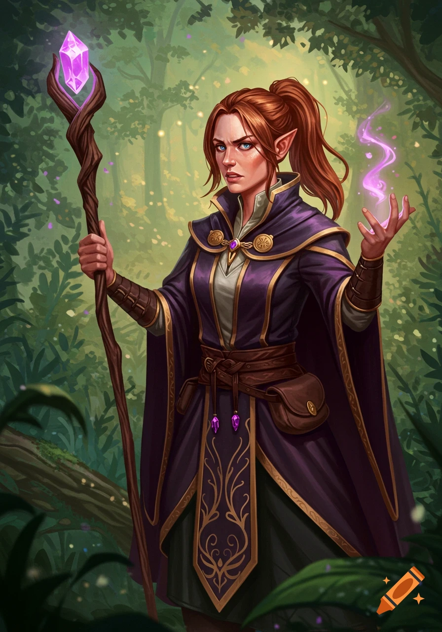 A fantasy illustration of a female mage with auburn hair and pointed ears casting a spell in a forest.