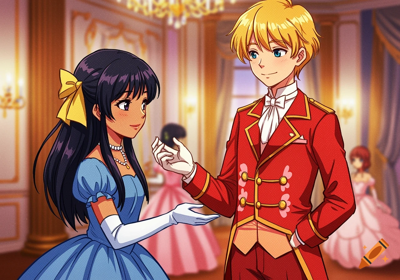 Anime style illustration of a blonde boy in a red formal coat looking at a tan girl in a blue ballgown and yellow bow in a ballroom.