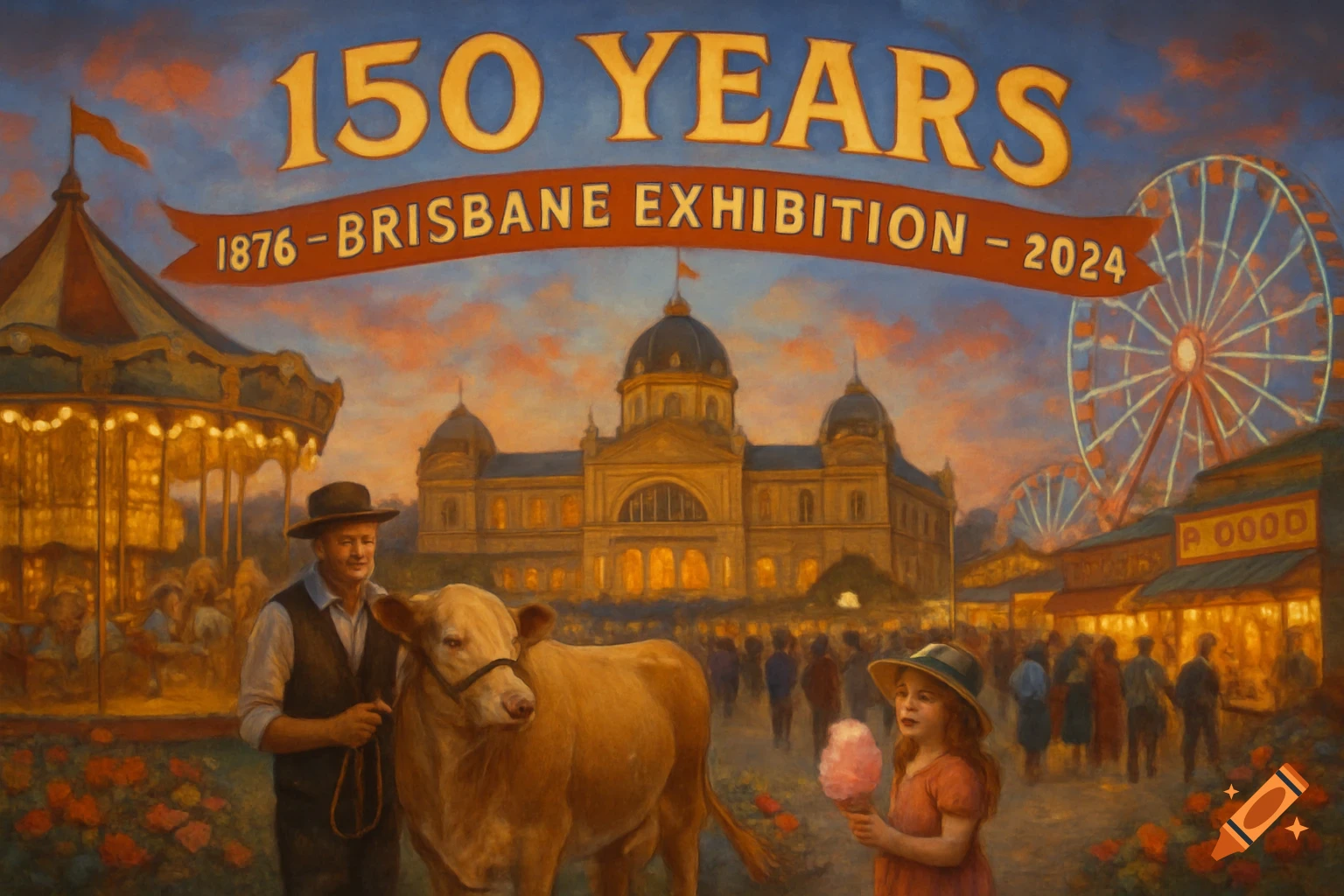 A painted scene of a fairground with a man and a cow, a girl with cotton candy, rides, and a building, with text "150 YEARS BRISBANE EXHIBITION" on a banner.