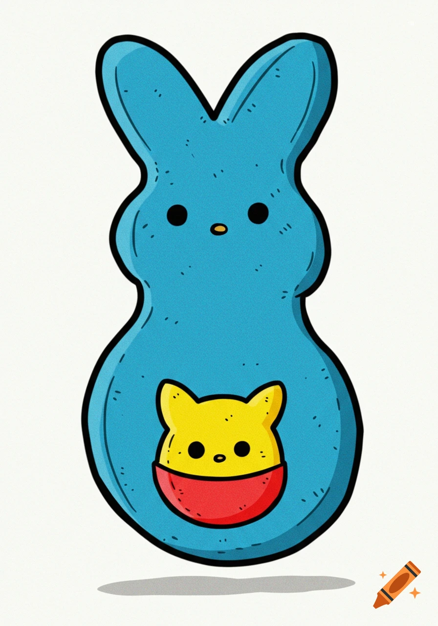 Cartoon blue Peep bunny with a small yellow creature in its pouch.