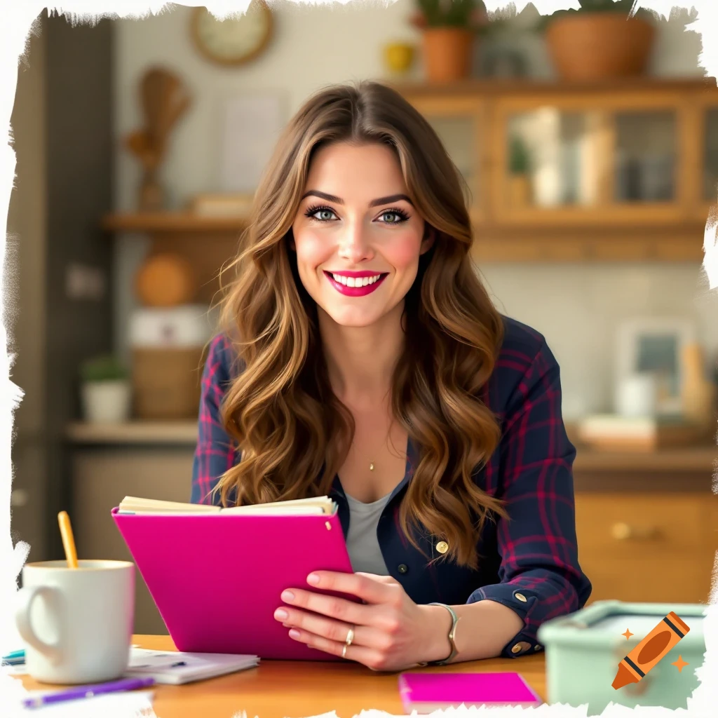 Smiling woman with long brown hair sits at a table at home, holding a pink binder.
