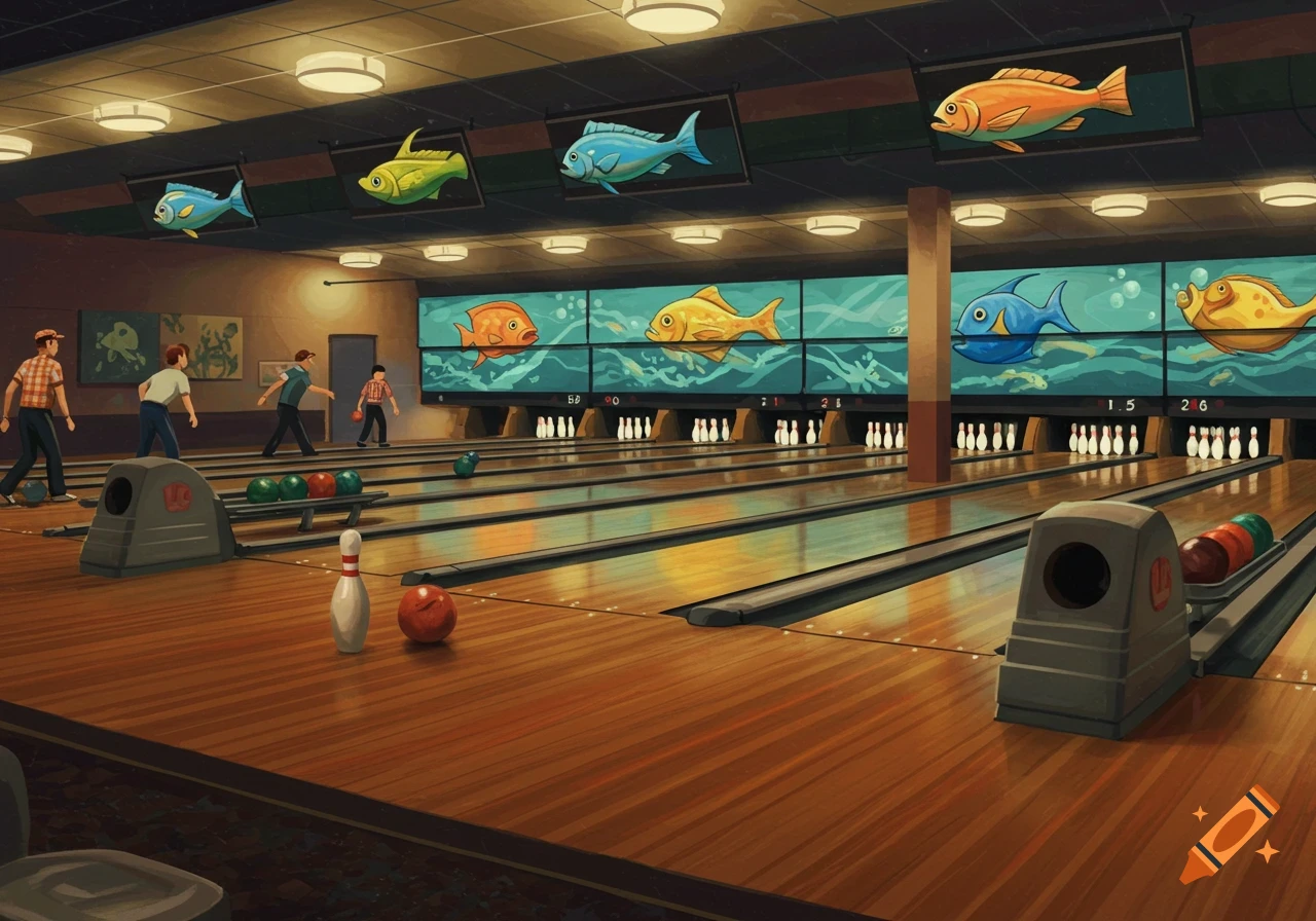 Illustration of people bowling in an alley decorated with large fish displays above the lanes.