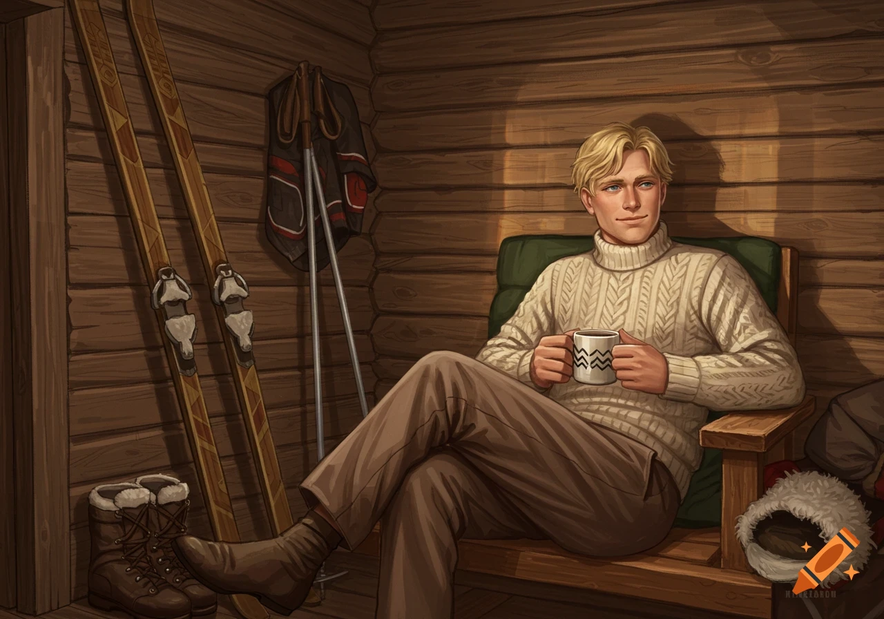 Illustration of a blonde man in a cable knit sweater sitting in a wooden cabin with skiing gear