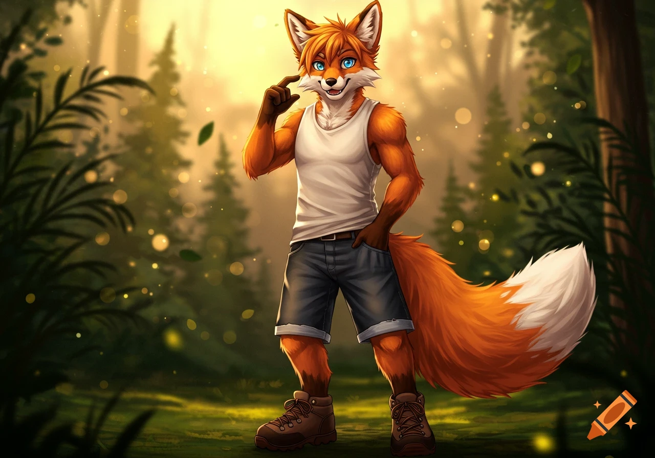 An anime style furry fox character smiling in a forest.