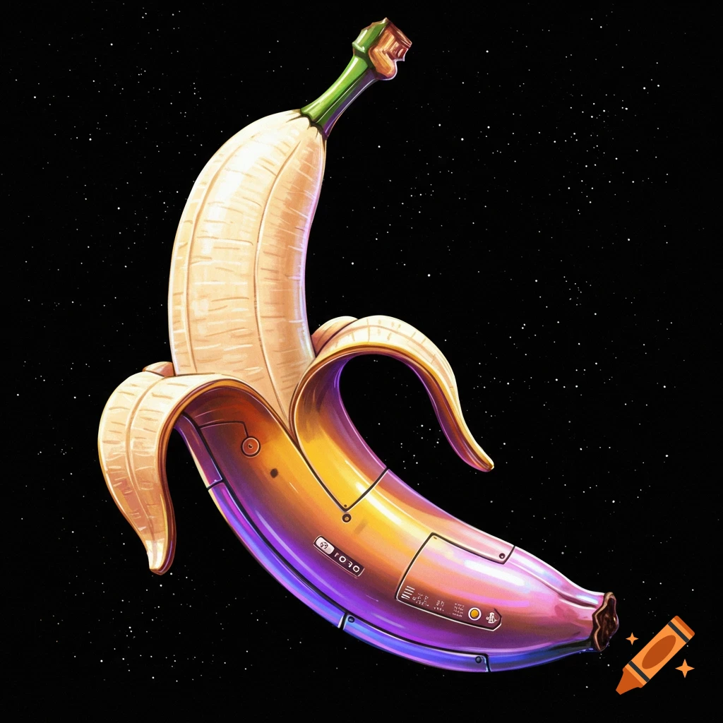 A high-tech, metallic banana floats in space against a black background with stars.