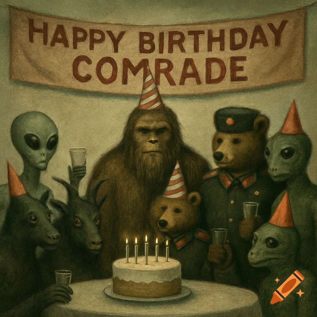 Aliens, Bigfoot, bears, and other creatures at a birthday party under a banner saying 'Happy Birthday Comrade'.