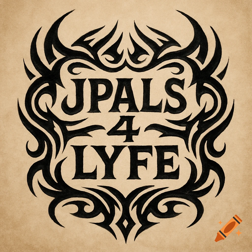 A black tribal tattoo design with the text JPALS 4 LYFE on a beige background.