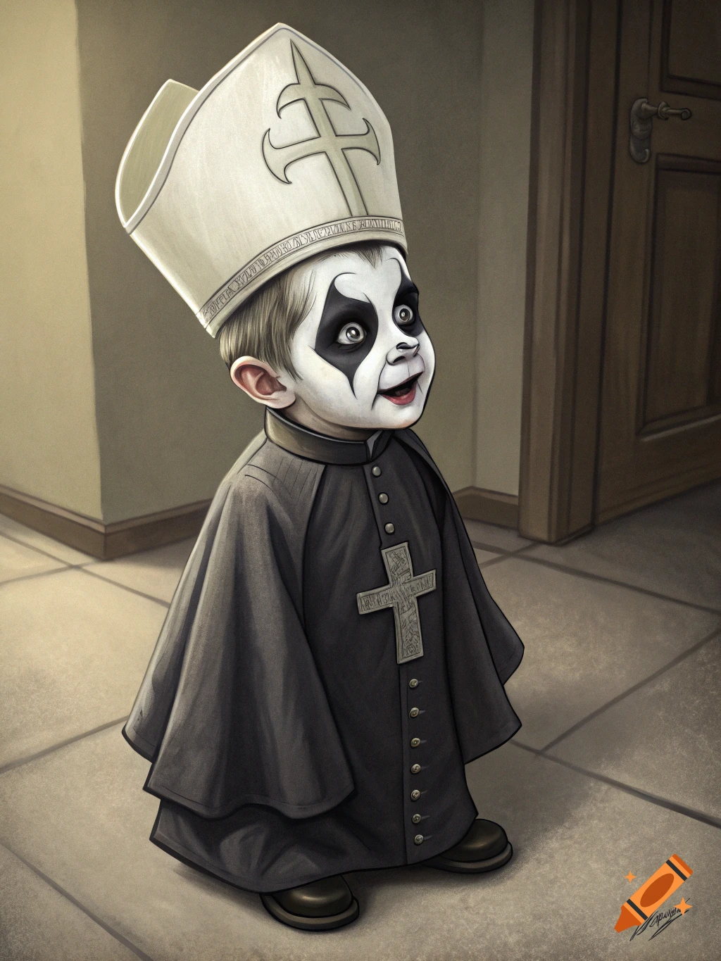 Illustration of a toddler in black and white face paint, a bishop's hat, and black robe with a cross.