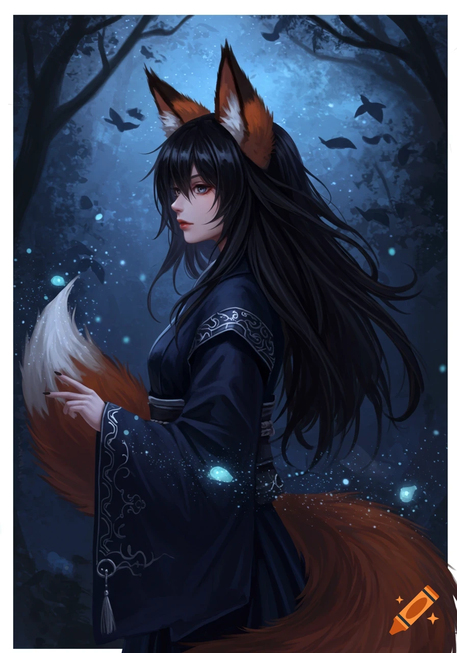 Anime-style digital painting of a fox girl in a dark forest