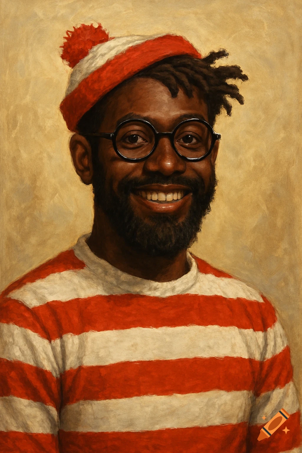 Portrait of a smiling man in a red and white striped shirt and hat, in a painted style.