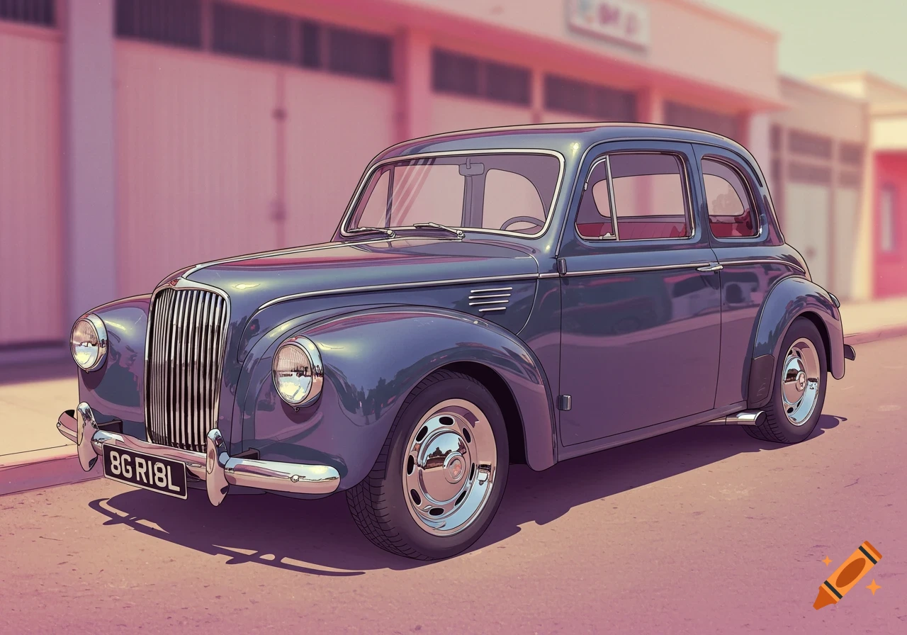 A blue vintage car with chrome parked on a street in an illustrated style.