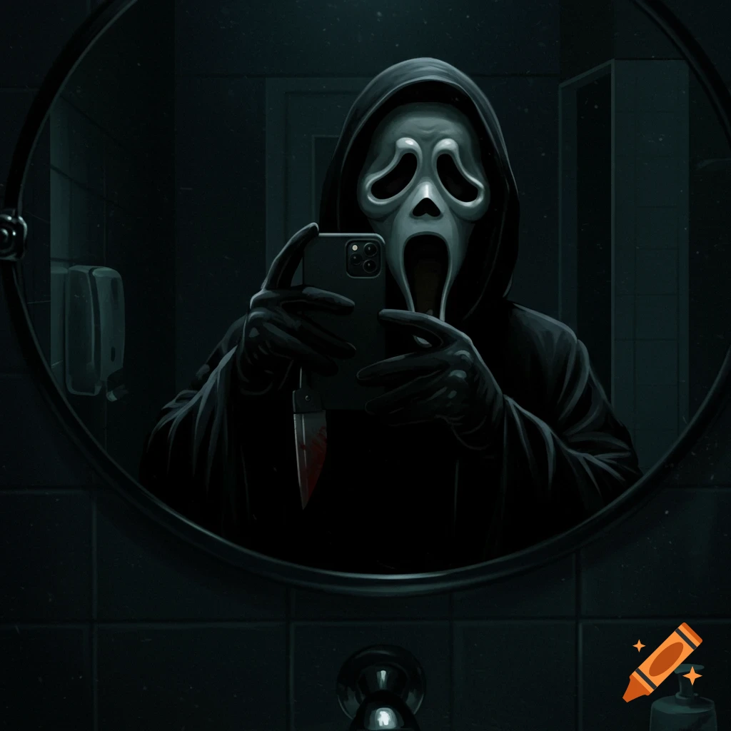 Ghostface takes a selfie in a bathroom mirror, holding a bloody knife.