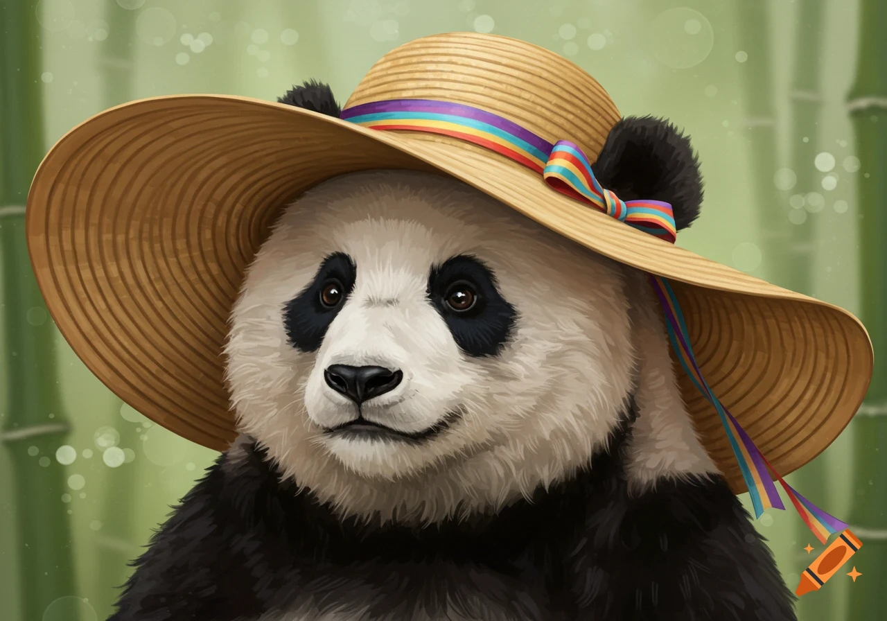 A portrait of a panda wearing a straw hat with a rainbow ribbon in front of bamboo.