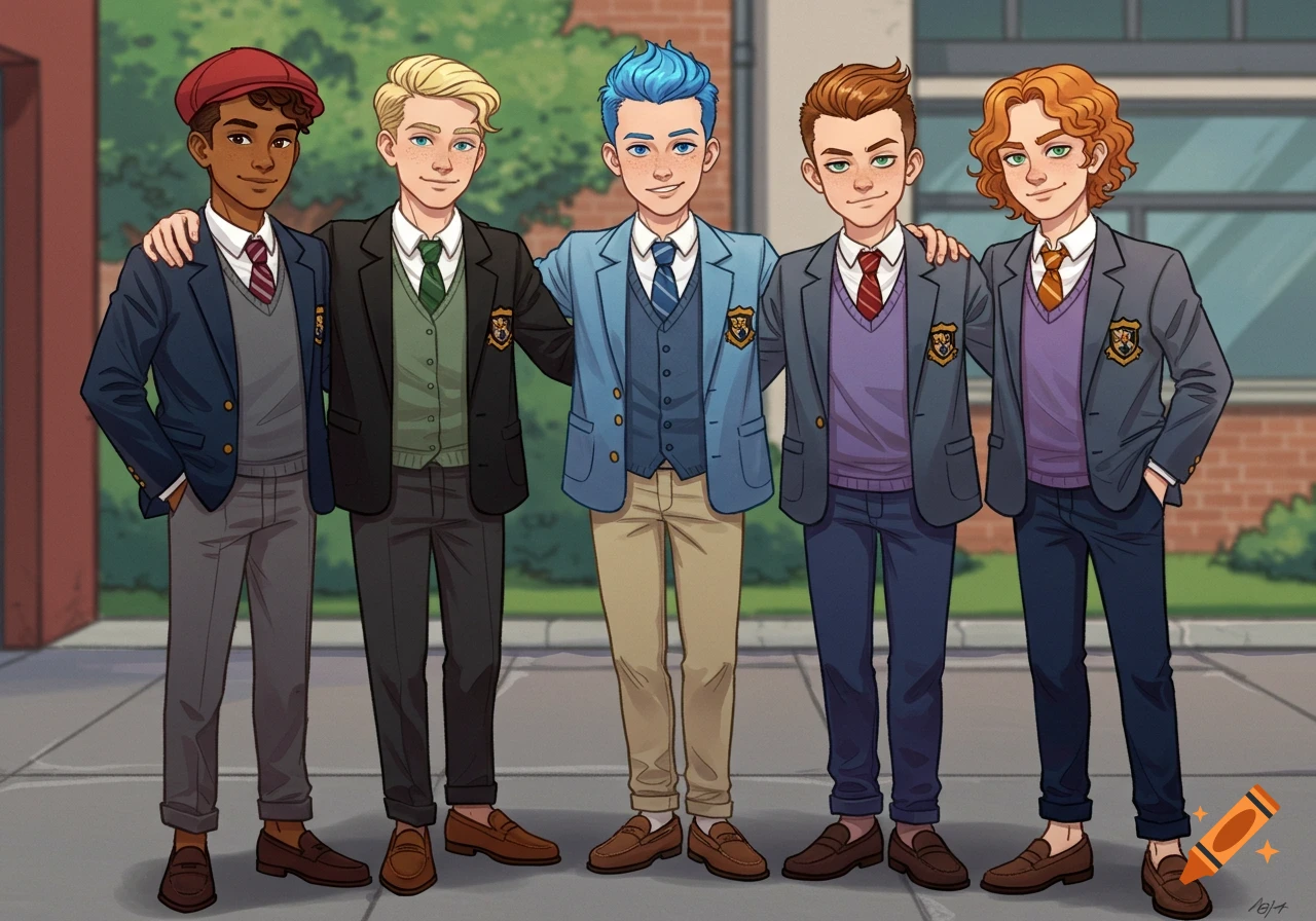 Five diverse cartoon teenage boys in school uniforms standing together.