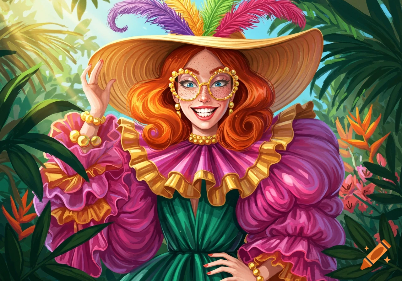 A woman in a large straw hat with feathers and an elaborate pink ruffled outfit in a jungle setting.