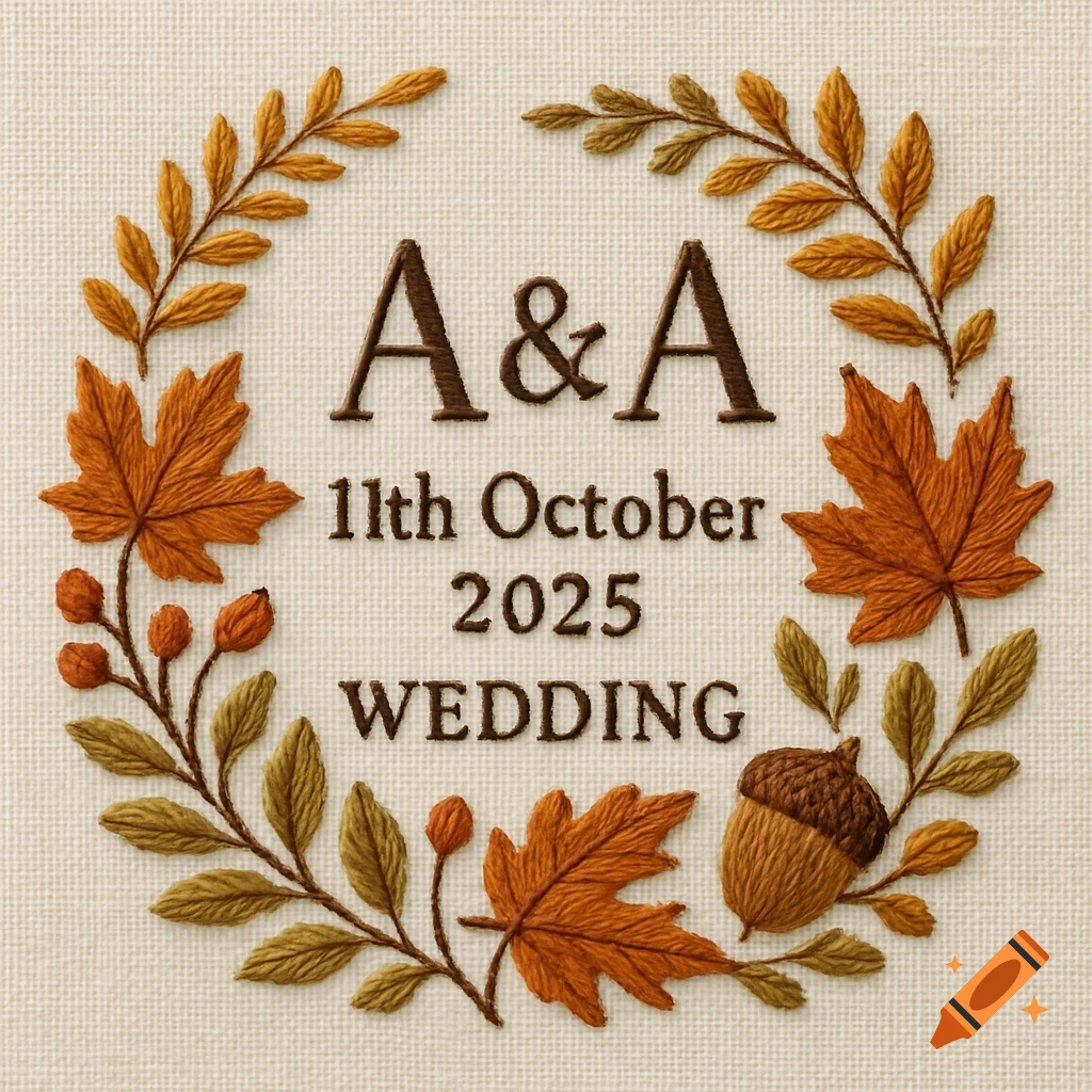 Embroidery of a fall wreath with initials A&A, date 11th October 2025, and word WEDDING.