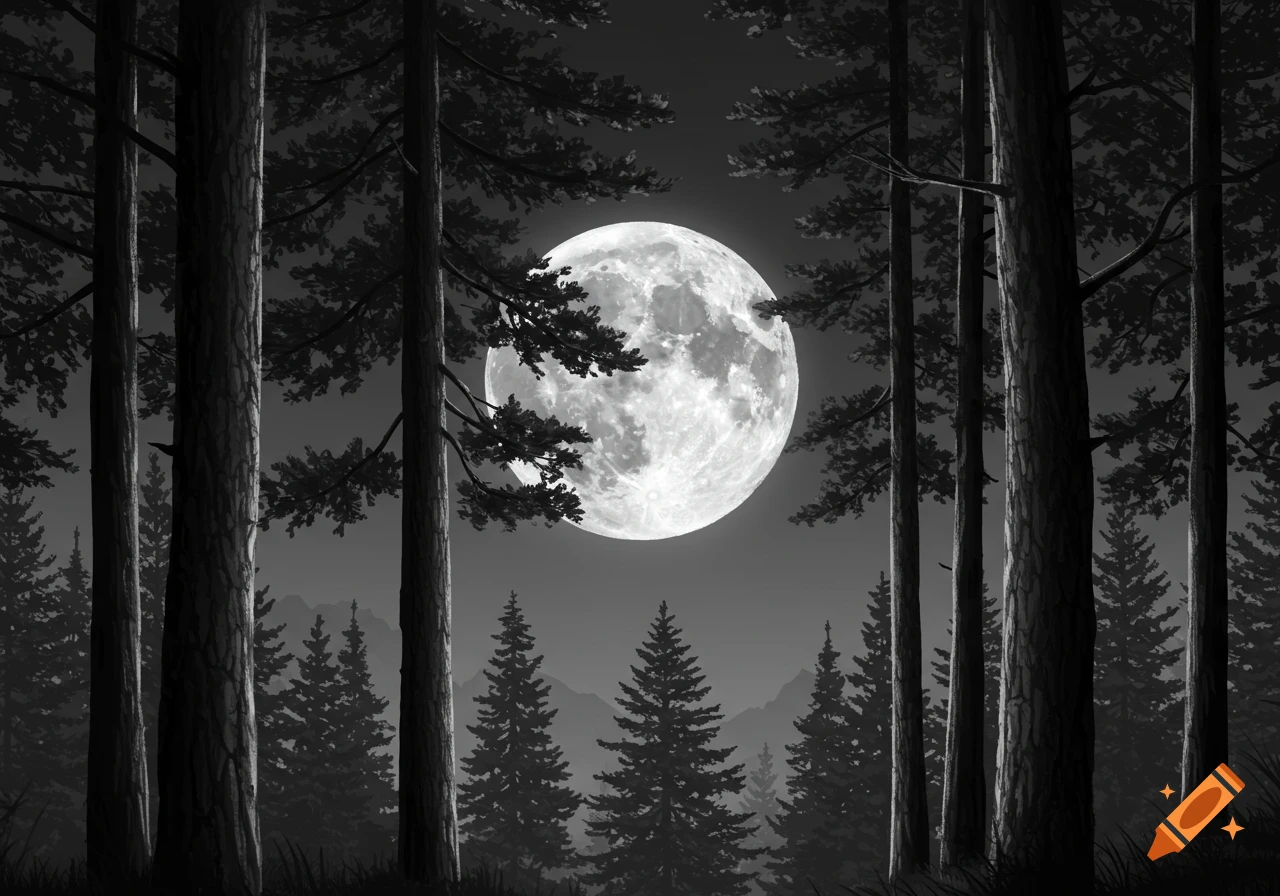 Grayscale illustration of a forest at night with a full moon visible through the trees.