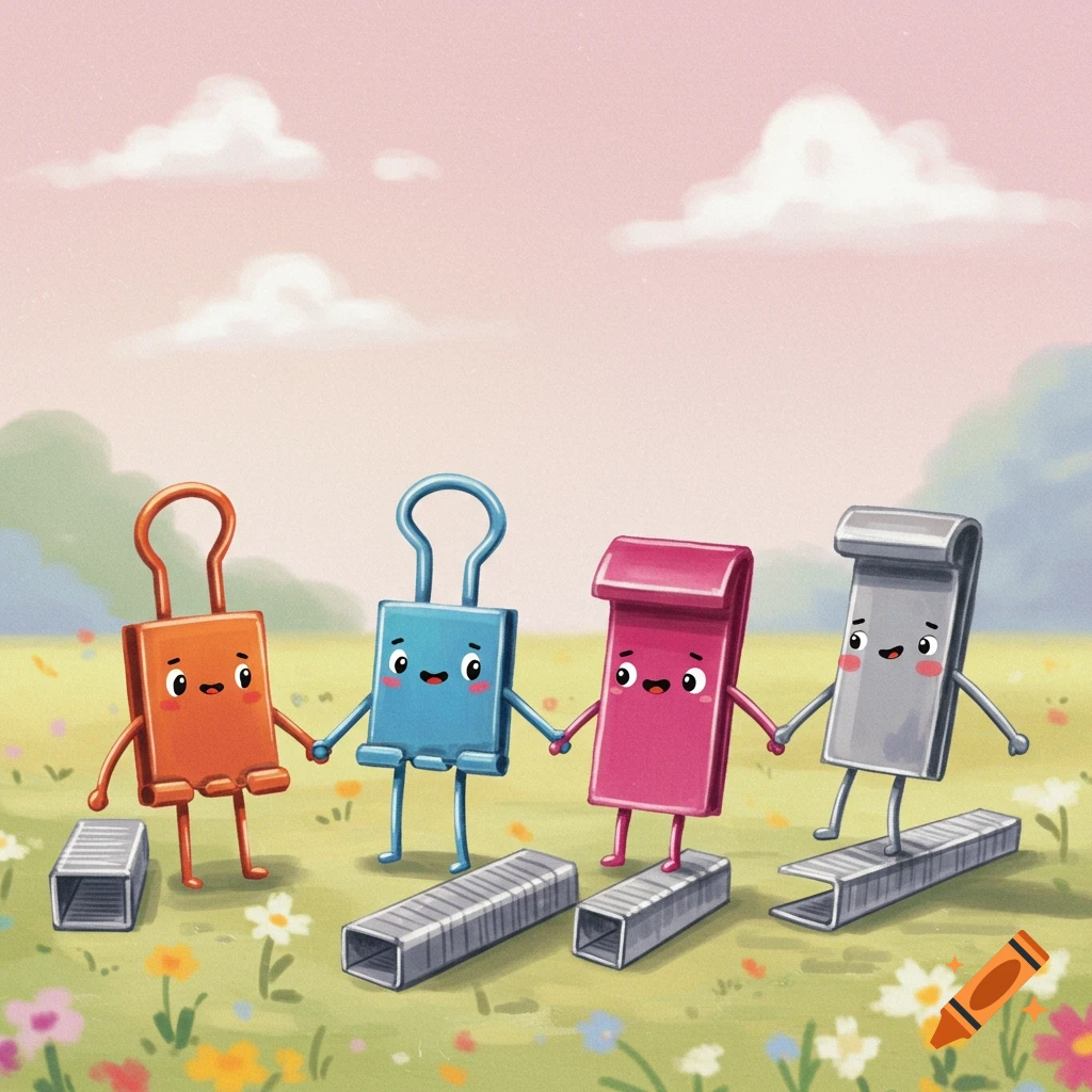 Four cartoon office supplies (two paper clips, two staples) hold hands in a sunny, grassy field with flowers and clouds.