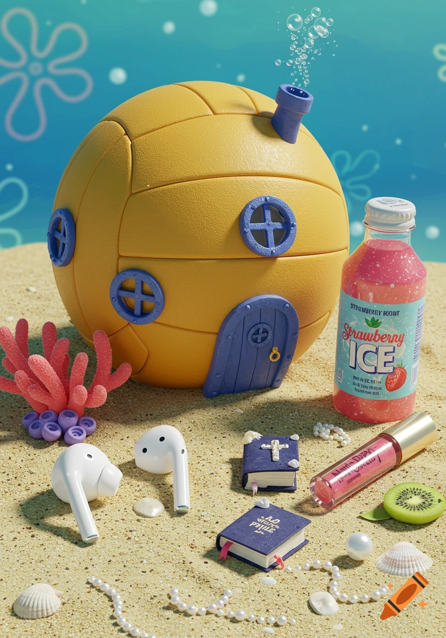 A 3D render of a volleyball house, AirPods, pink drink bottle, mini bibles, and lip gloss on a sandy surface in a Spongebob style setting.