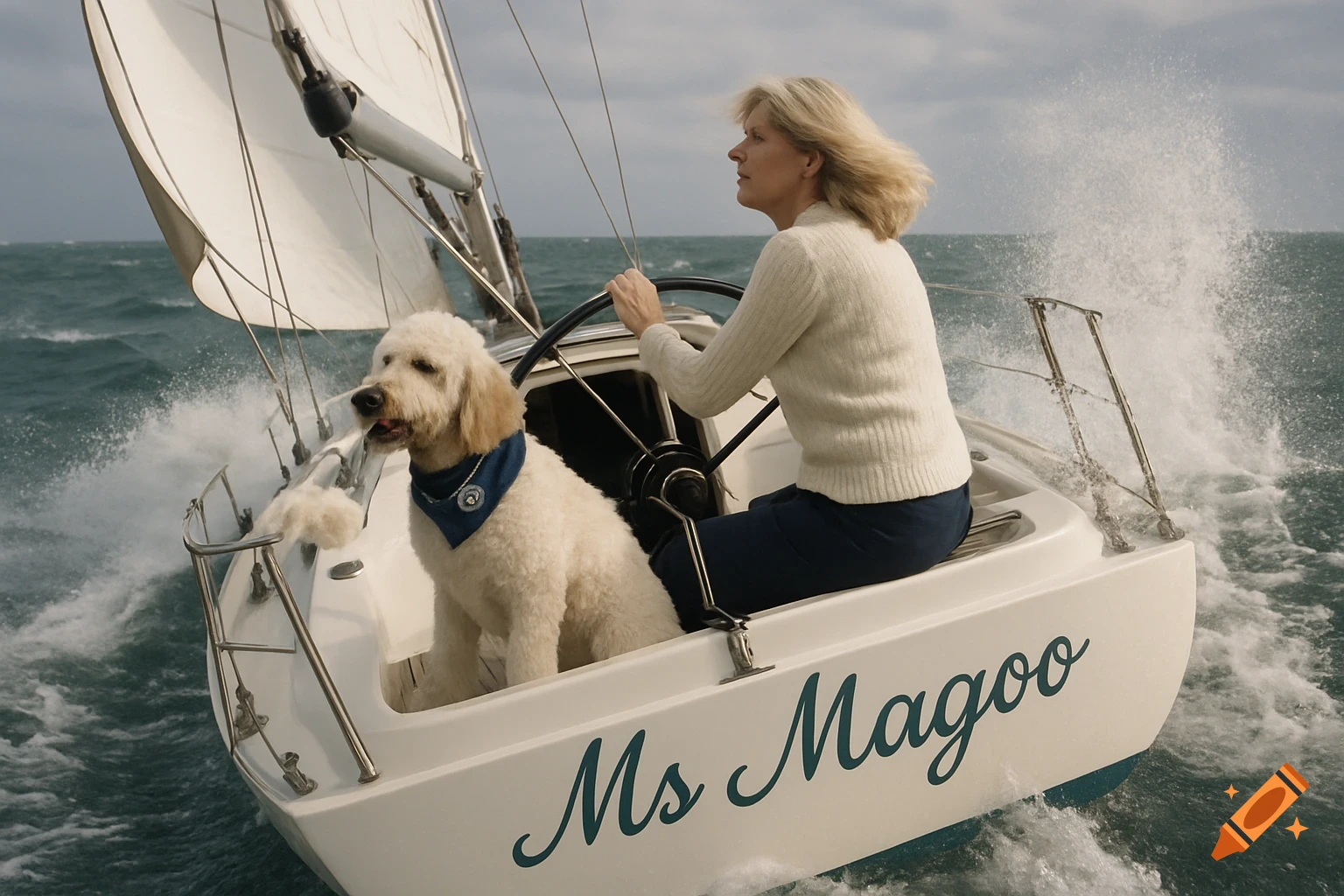 Woman and dog sail on a boat named Ms Magoo in rough water
