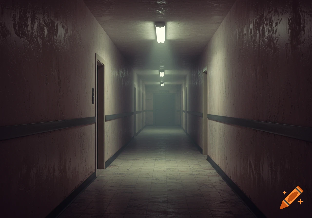 A long, dimly lit hallway extends into the distance, with doors on either side and fluorescent lights overhead. The walls are textured and damp-looking.