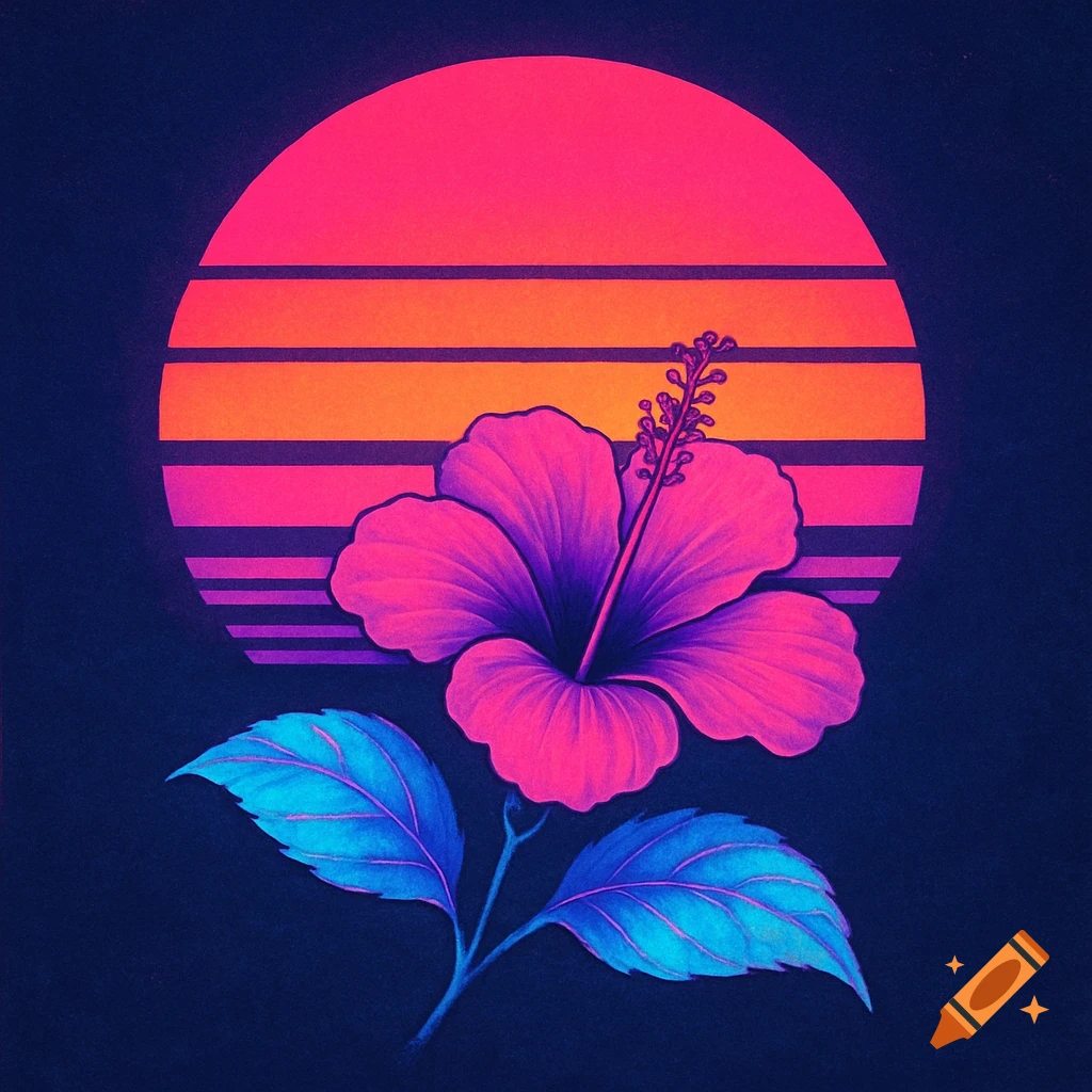 Vaporwave style image of a pink and purple hibiscus flower with blue leaves in front of a striped pink and orange sunset circle on a dark background.