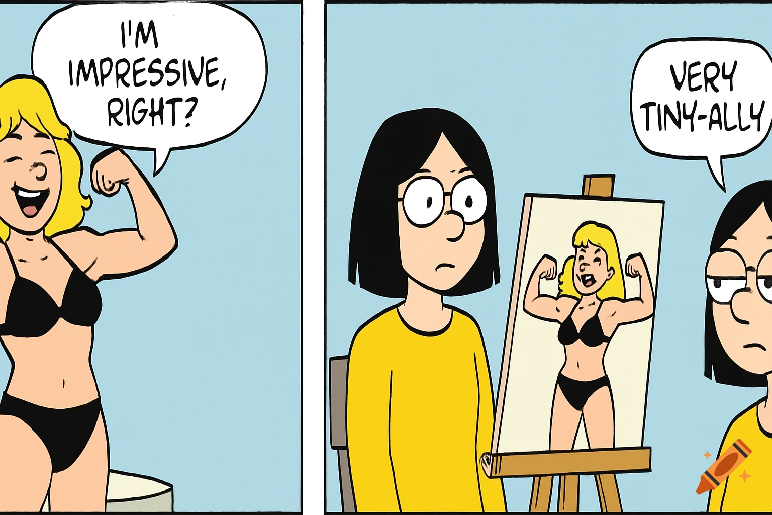 A cartoon comic strip panel shows a blonde woman in a bikini flexing and saying "I'M IMPRESSIVE, RIGHT?". Another woman looks on and says "VERY TINY-ALLY" while looking at a painting of the first woman.