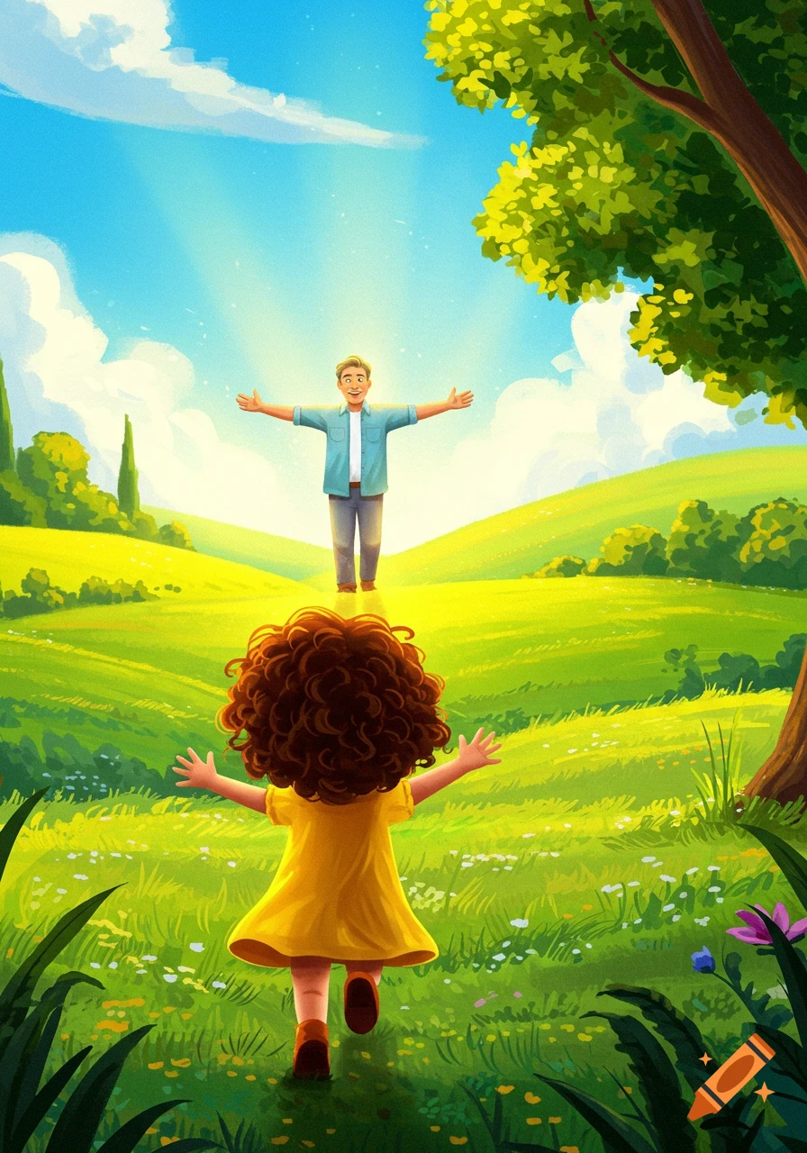 Child runs through a sunny field towards a man with outstretched arms. Illustration style.