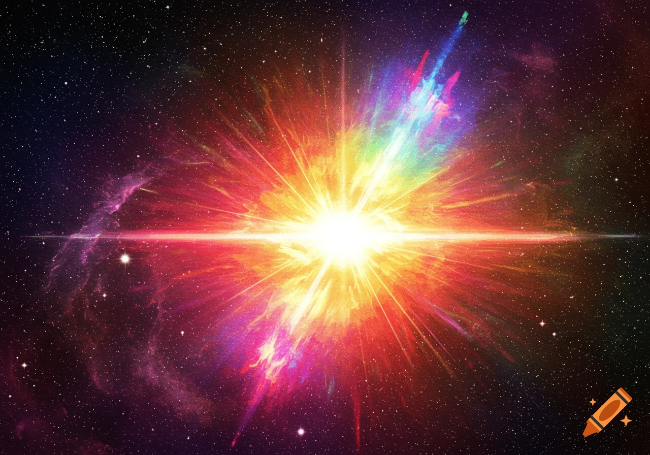 A bright star or cosmic object exploding in space with colorful light rays and nebulae.