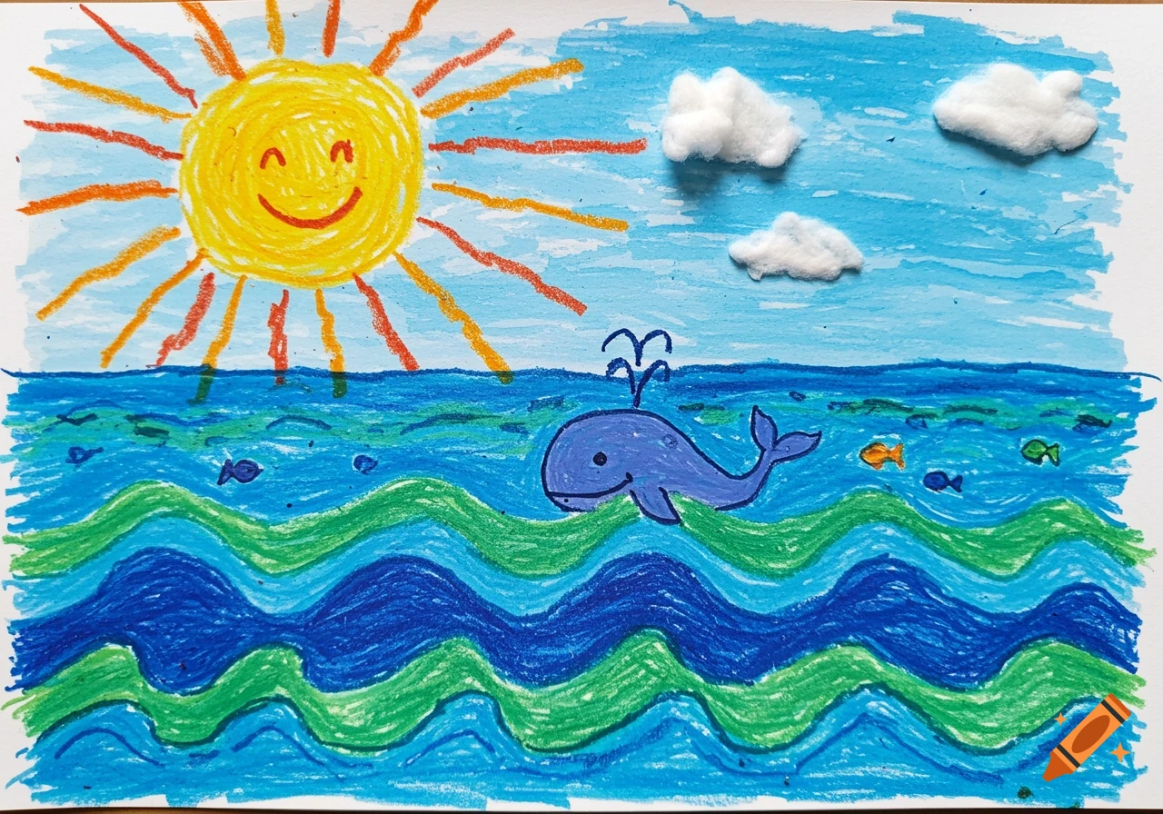 A child's crayon drawing of a happy whale in the ocean under a smiling sun with cotton ball clouds.