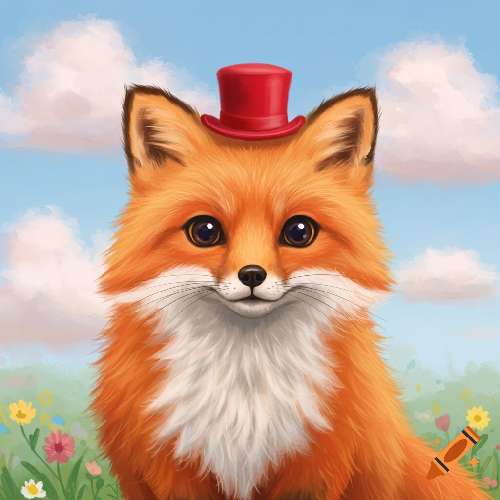 A cute fox wearing a red top hat sits in a field of flowers.