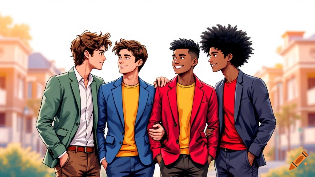 Four young men in colorful suits in an anime style, standing outdoors